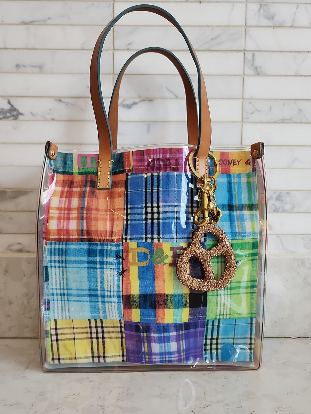 Dooney & Bourke Multicolor Plaid Patchwork Clear Tote with Brown Leather Handles